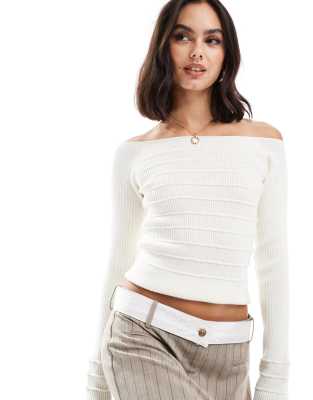 knit off the shoulder bardot top with stitch detail in cream-White