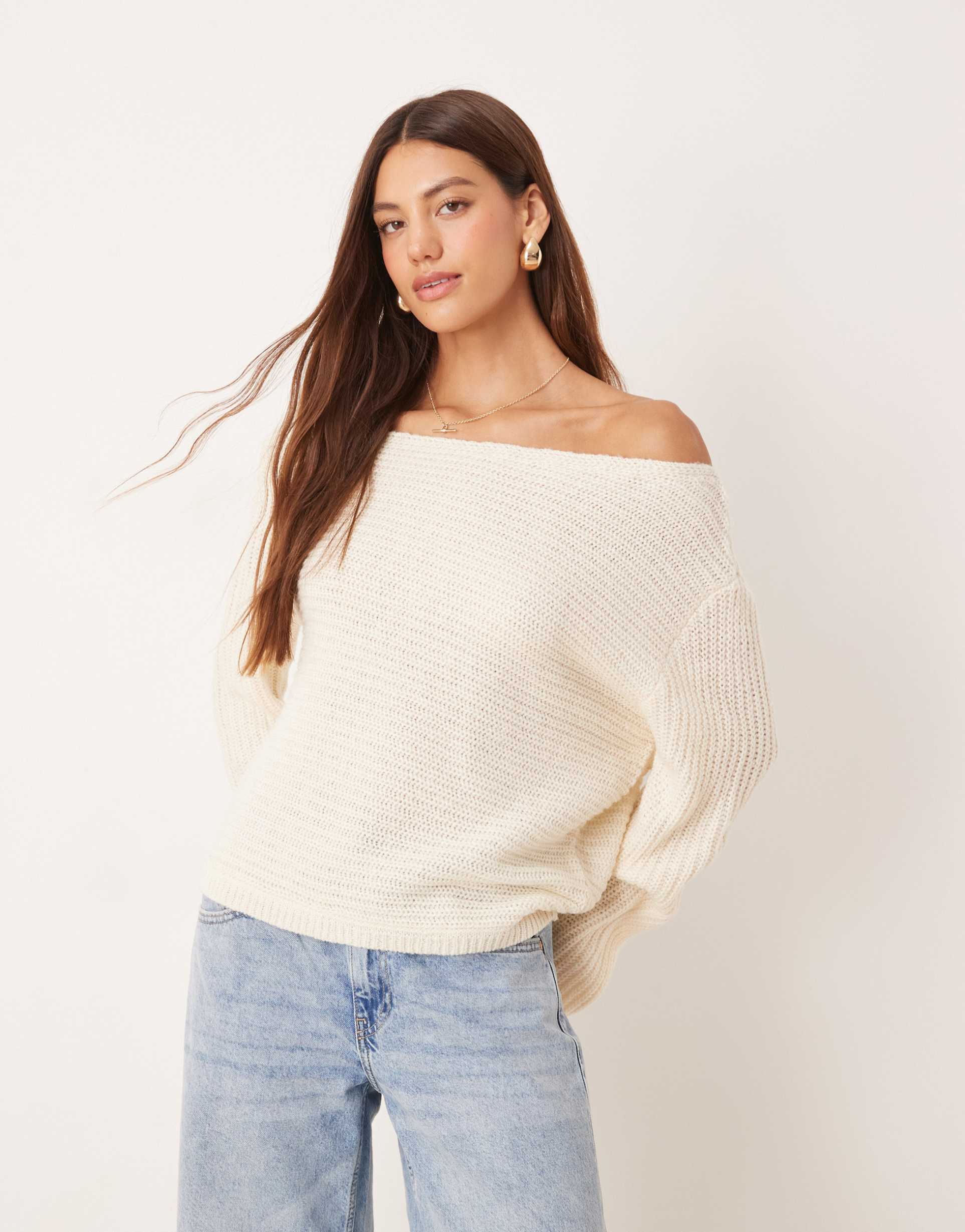 asos design knit off the shoulder slouchy sweater in cream