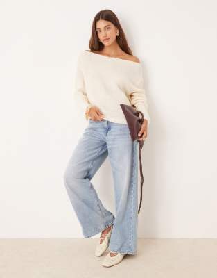 Asos Design Knit Off The Shoulder Slouchy Sweater In White