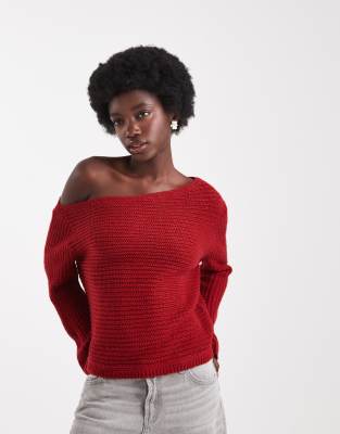 Asos Design Knit Off The Shoulder Slouchy Sweater In Red