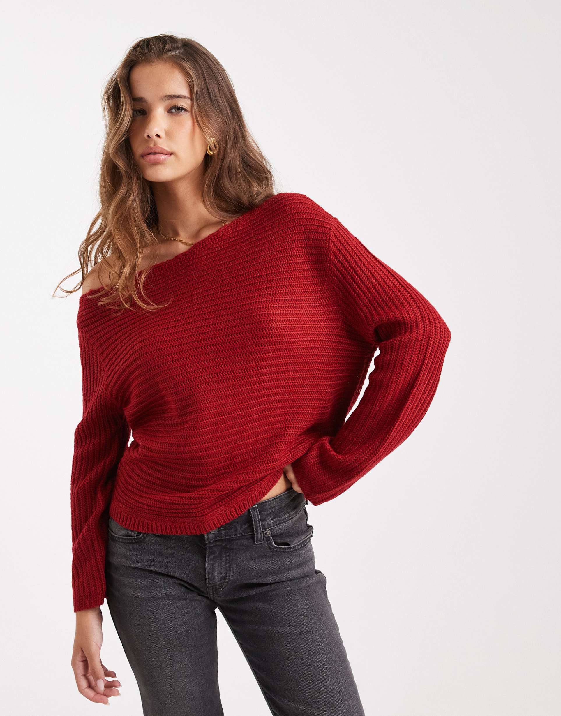 asos design knit off the shoulder slouchy sweater in red