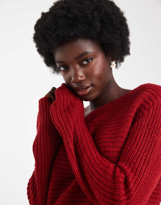ASOS DESIGN knit off the shoulder slouchy sweater in red