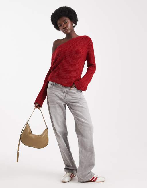 ASOS DESIGN knit off the shoulder slouchy sweater in red