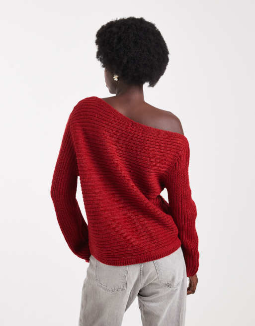 ASOS DESIGN knit off the shoulder slouchy sweater in red