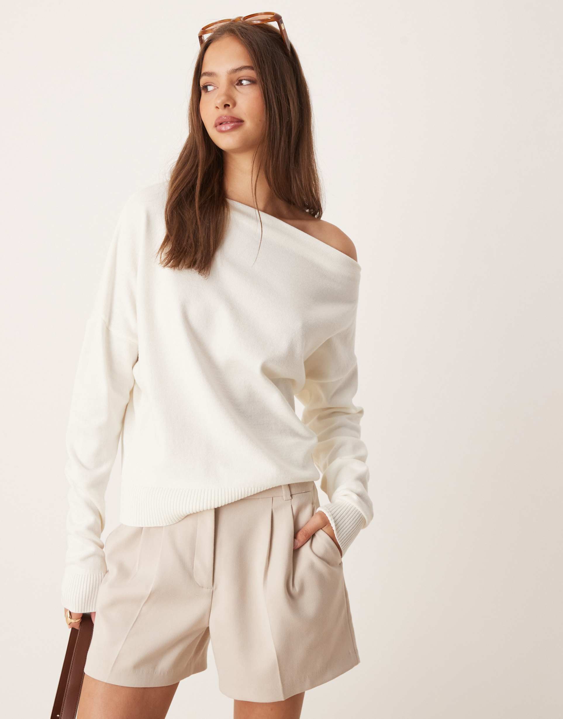 asos design knit off the shoulder slouchy top in cream