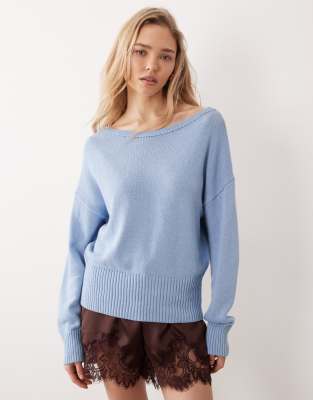 Asos Design Knit Off-the-shoulder Sweater In Blue
