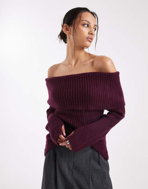 ASOS DESIGN knit off the shoulder sweater in plum - view 1