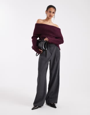 Asos Design Knit Off The Shoulder Sweater In Burgundy