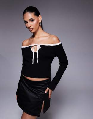 Asos Design Knit Off The Shoulder Sweater With Contrast Trim In Black