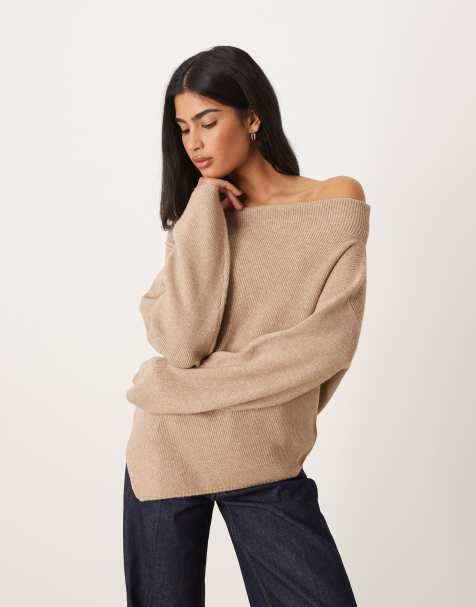 ASOS DESIGN knit off the shoulder top in cookie - view 1