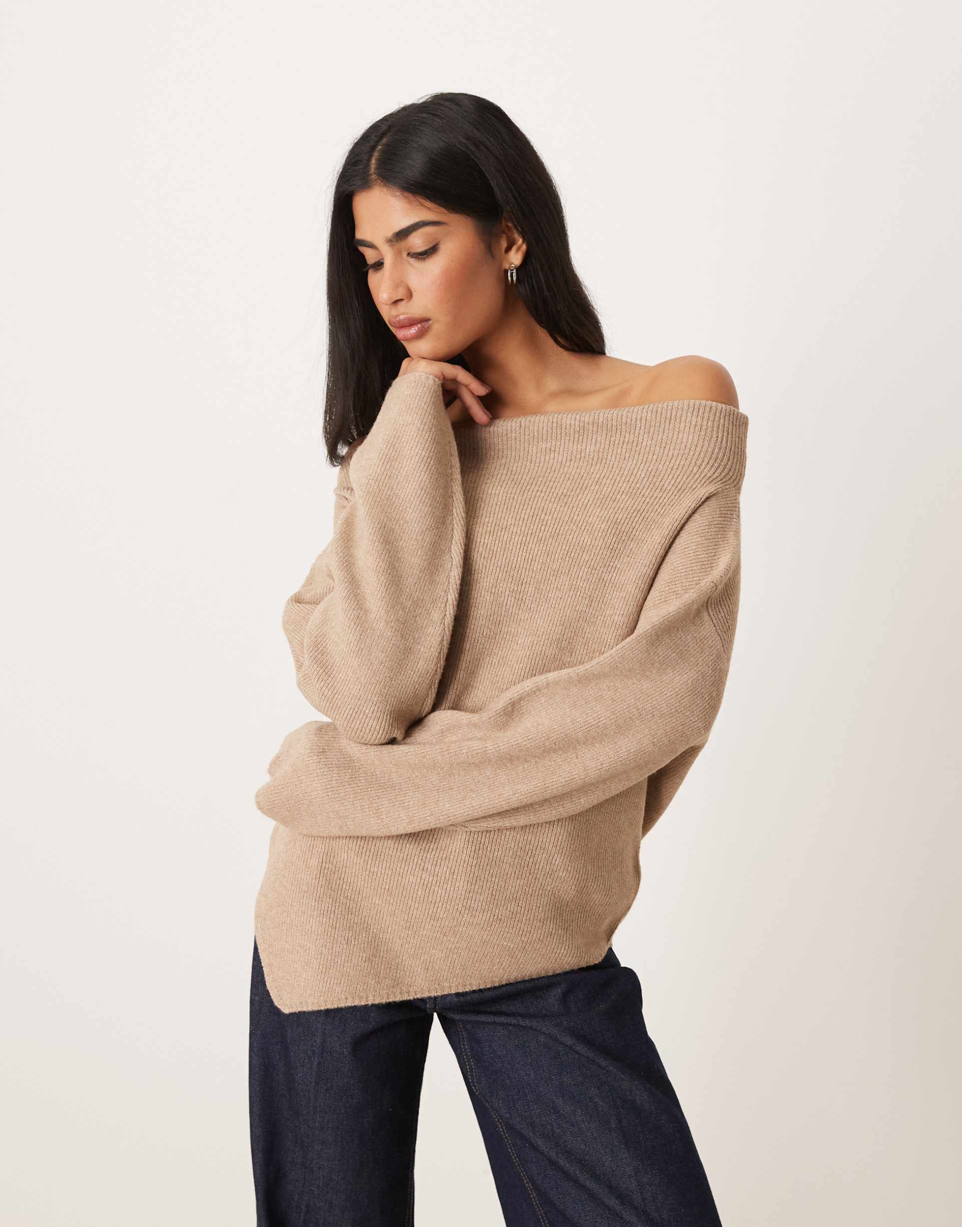 asos design knit off the shoulder top in cookie