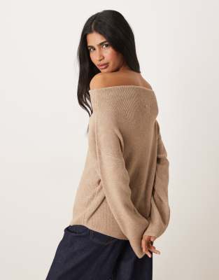 Asos Design Knit Off The Shoulder Top In Burgundy