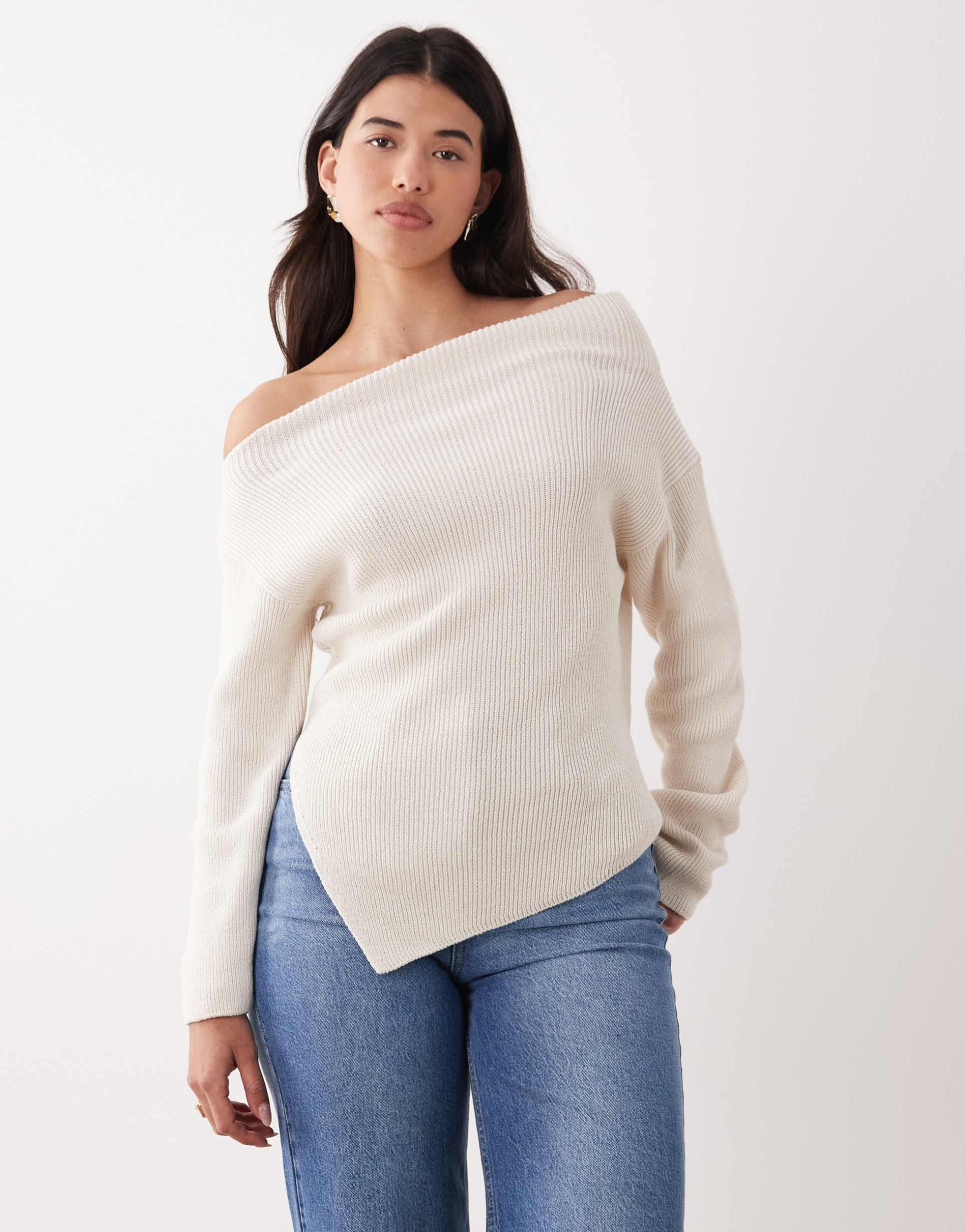 asos design knit off the shoulder top in cream
