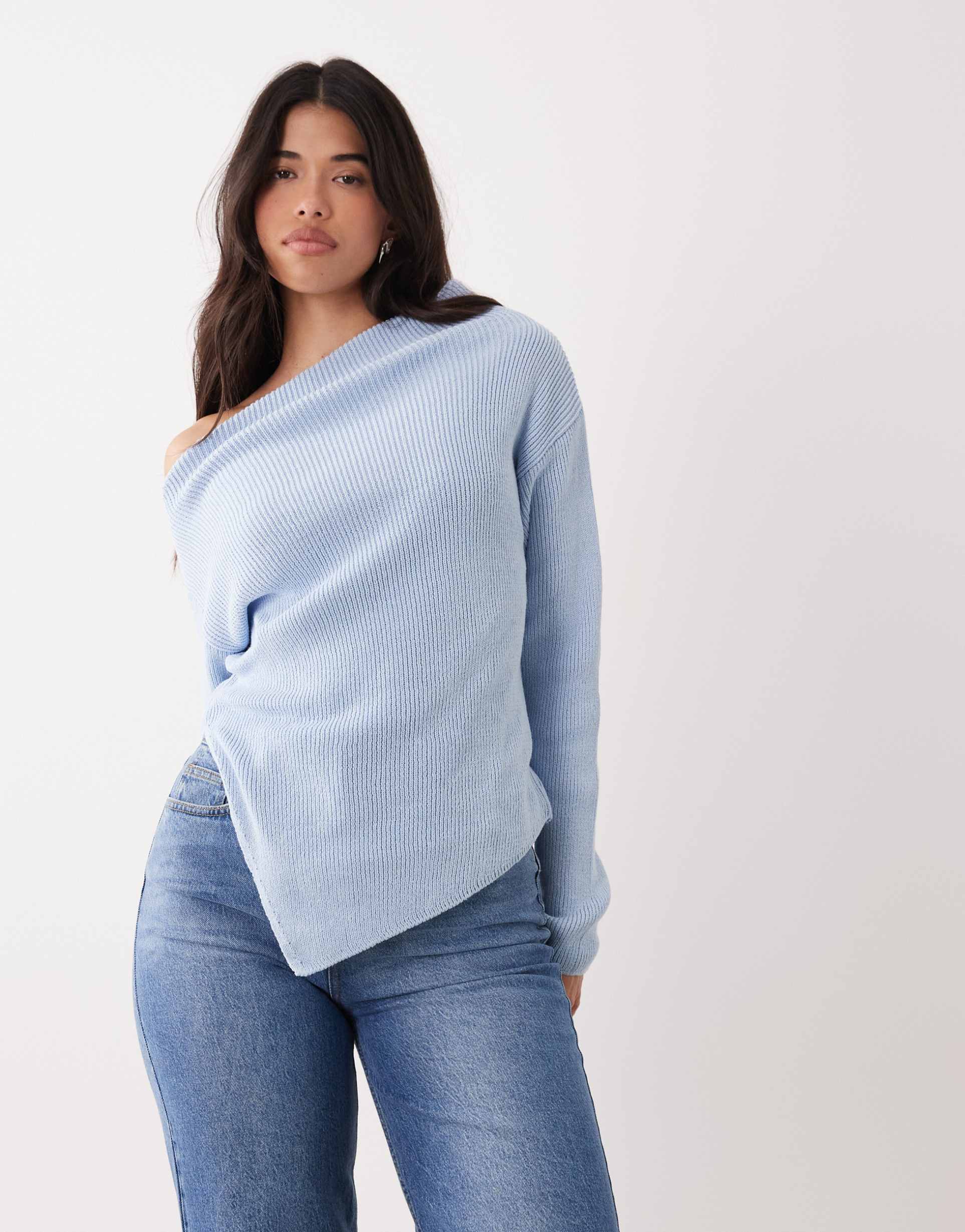asos design knit off the shoulder top in light blue
