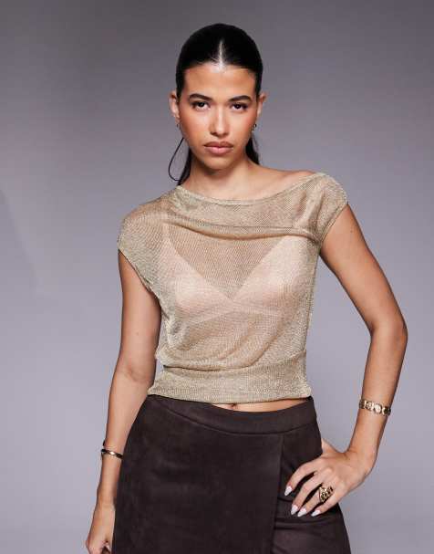 ASOS DESIGN knit one shoulder asymmetric semi sheer top in gold - view 1