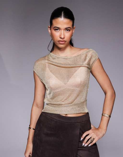 ASOS DESIGN knit one shoulder asymmetric semi sheer top in gold