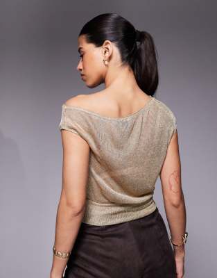 Asos Design Knit One Shoulder Asymmetric Semi Sheer Top In Gold