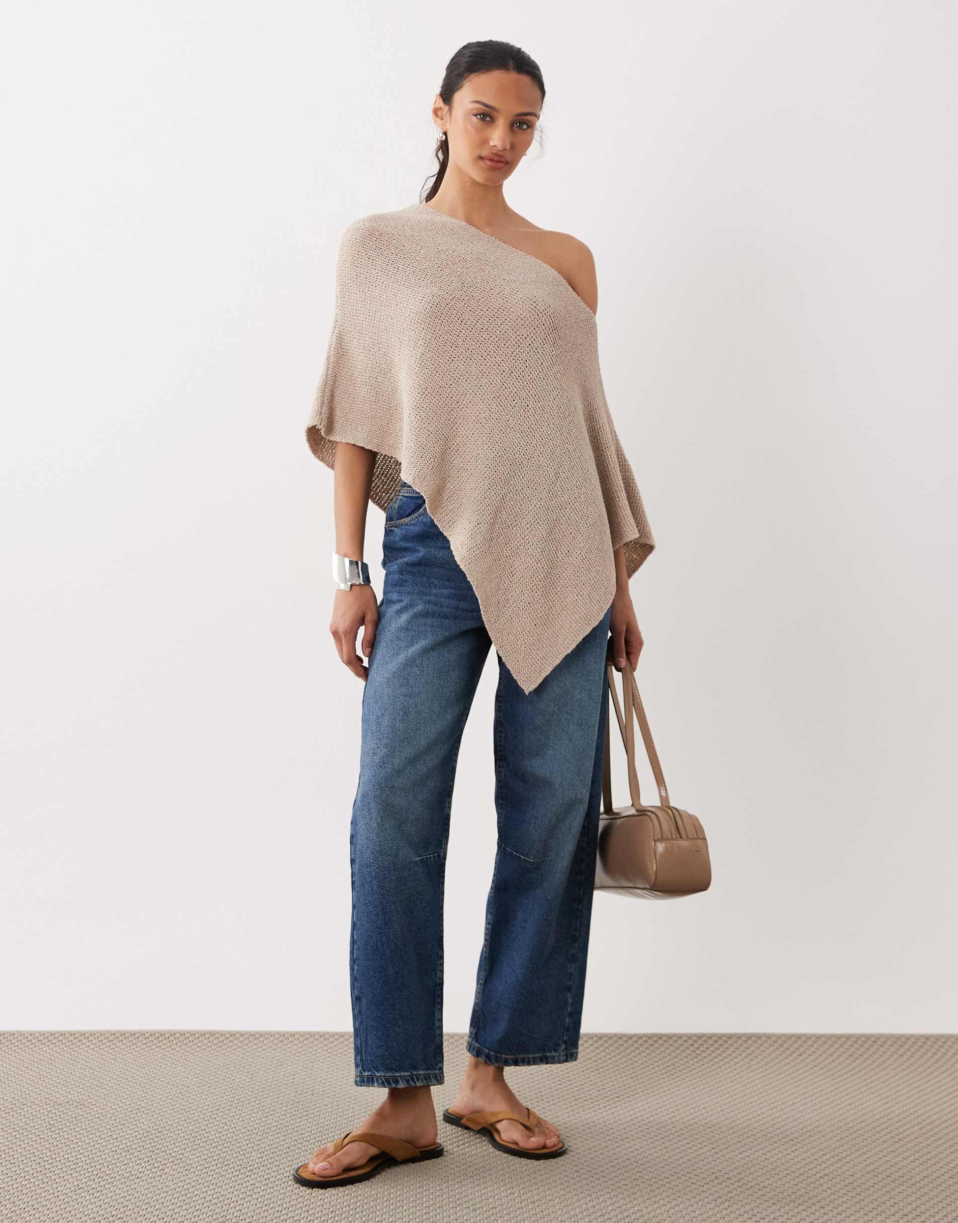 asos design knit one shoulder cape in brown