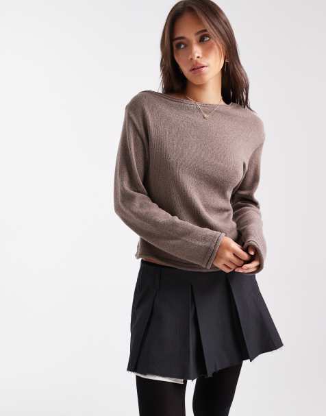 ASOS DESIGN knit one shoulder long sleeve top in mocha - view 1