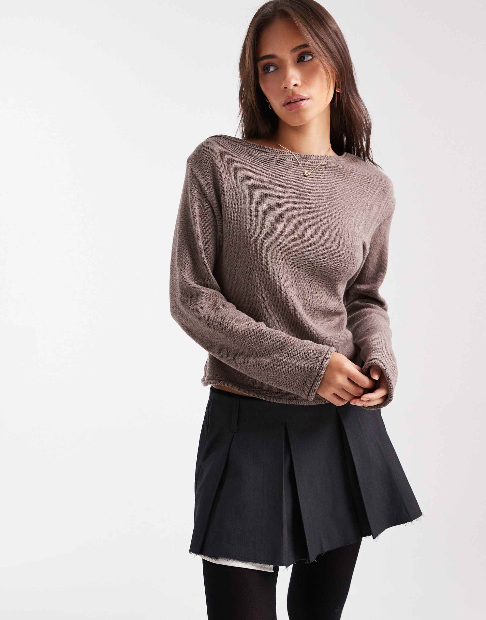 asos design knit one shoulder long sleeve top in mocha