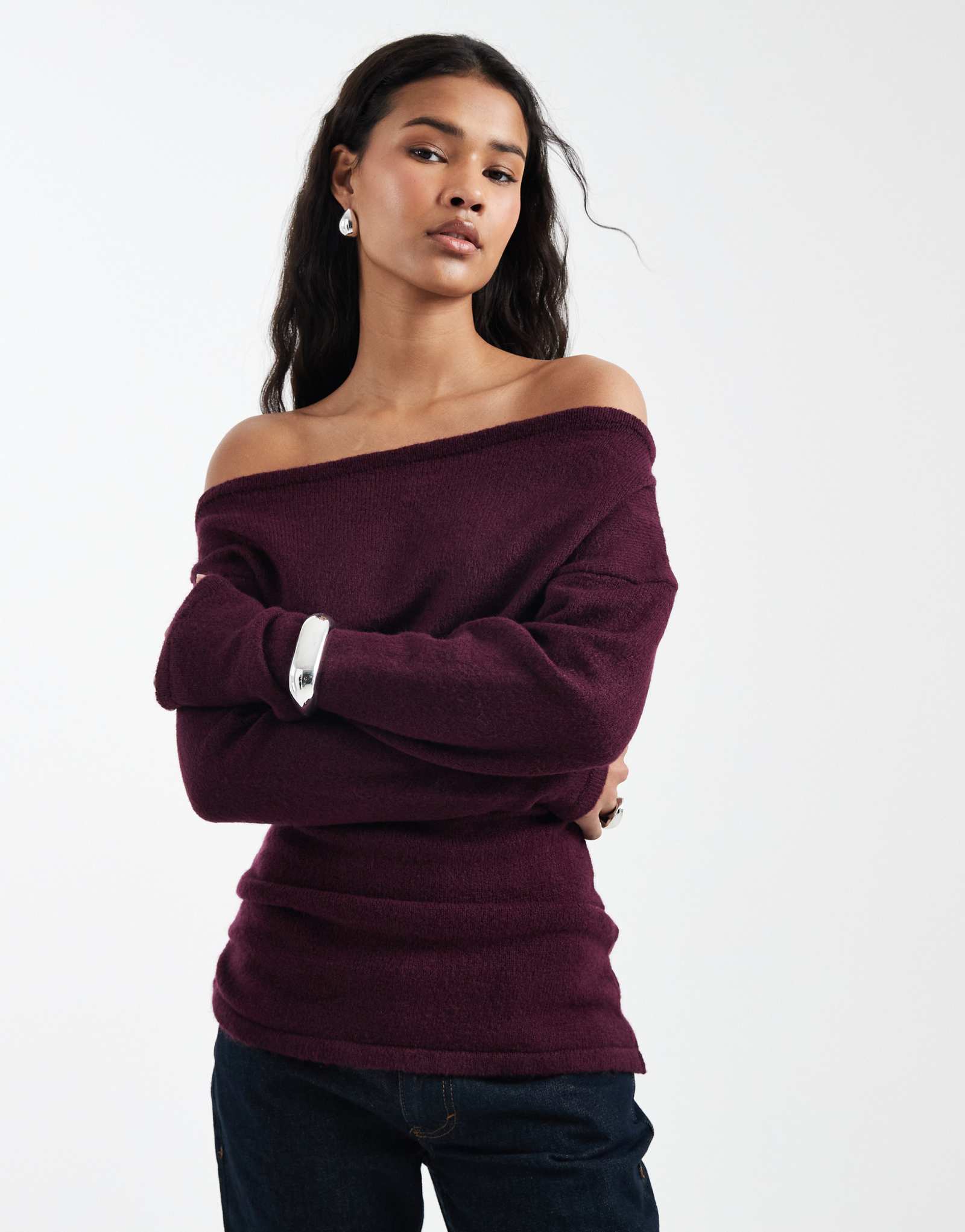 Дизайнерский вязаный свитер ASOS с рюшами на одном плече сливового цвета