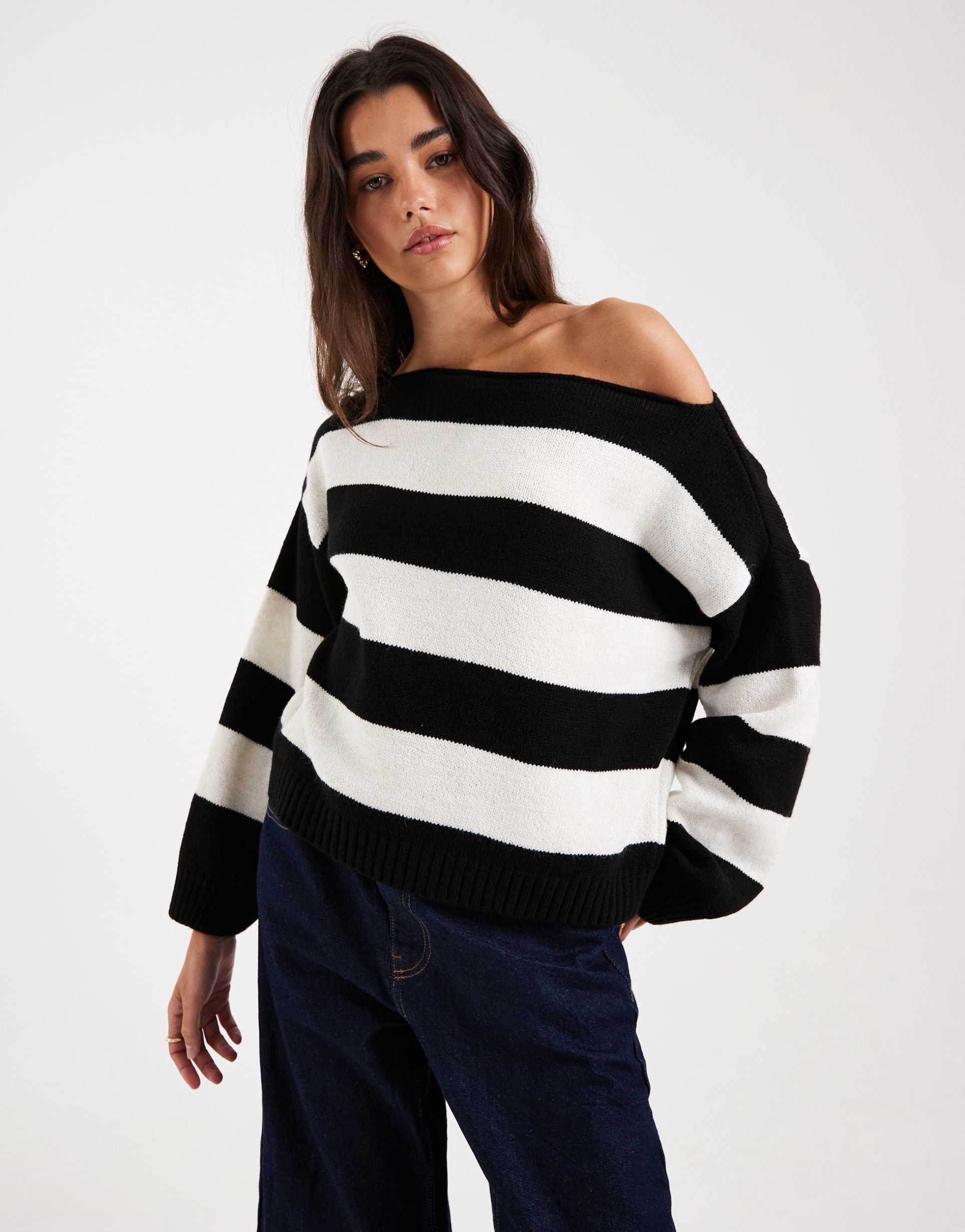 asos design knit one shoulder sweater in black and white