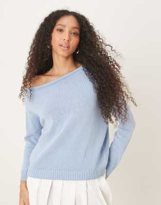 Asos Design Knit One Shoulder Sweater In Blue