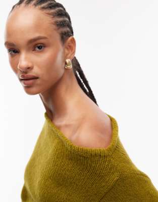 Asos Design Knit One-shoulder Sweater With Cinched Waist In Green