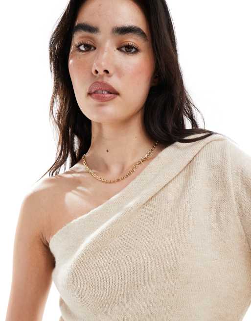 ASOS DESIGN knit one shoulder sweater with gathers in ecru, 3 of 4