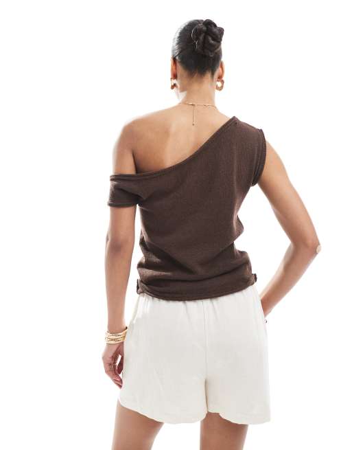 ASOS DESIGN knit one shoulder top in chocolate brown