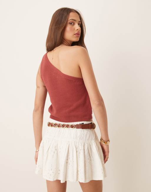 ASOS DESIGN knit one shoulder top with flower applique detail in brown, 4 of 4