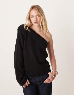 Asos Design Knit One-shoulder Top With Shoulder Pad In Black