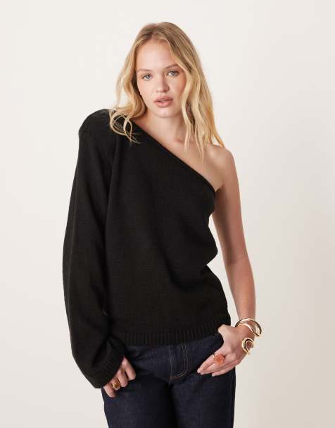 ASOS DESIGN knit one-shoulder top with shoulder pad in black - view 1