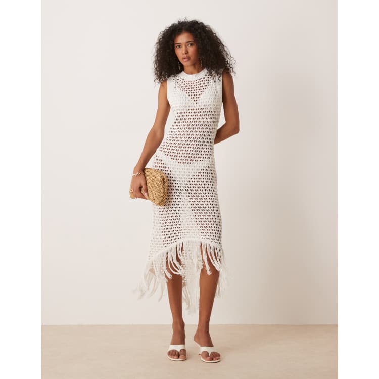 fringed crochet midi dress Fringe-trimmed crochet midi dress in gold - Anna Kosturova