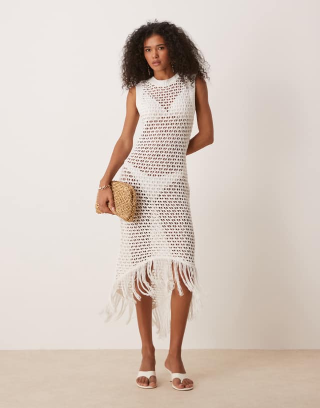 ASOS DESIGN knit open crochet stitch midi dress with fringe hem in white