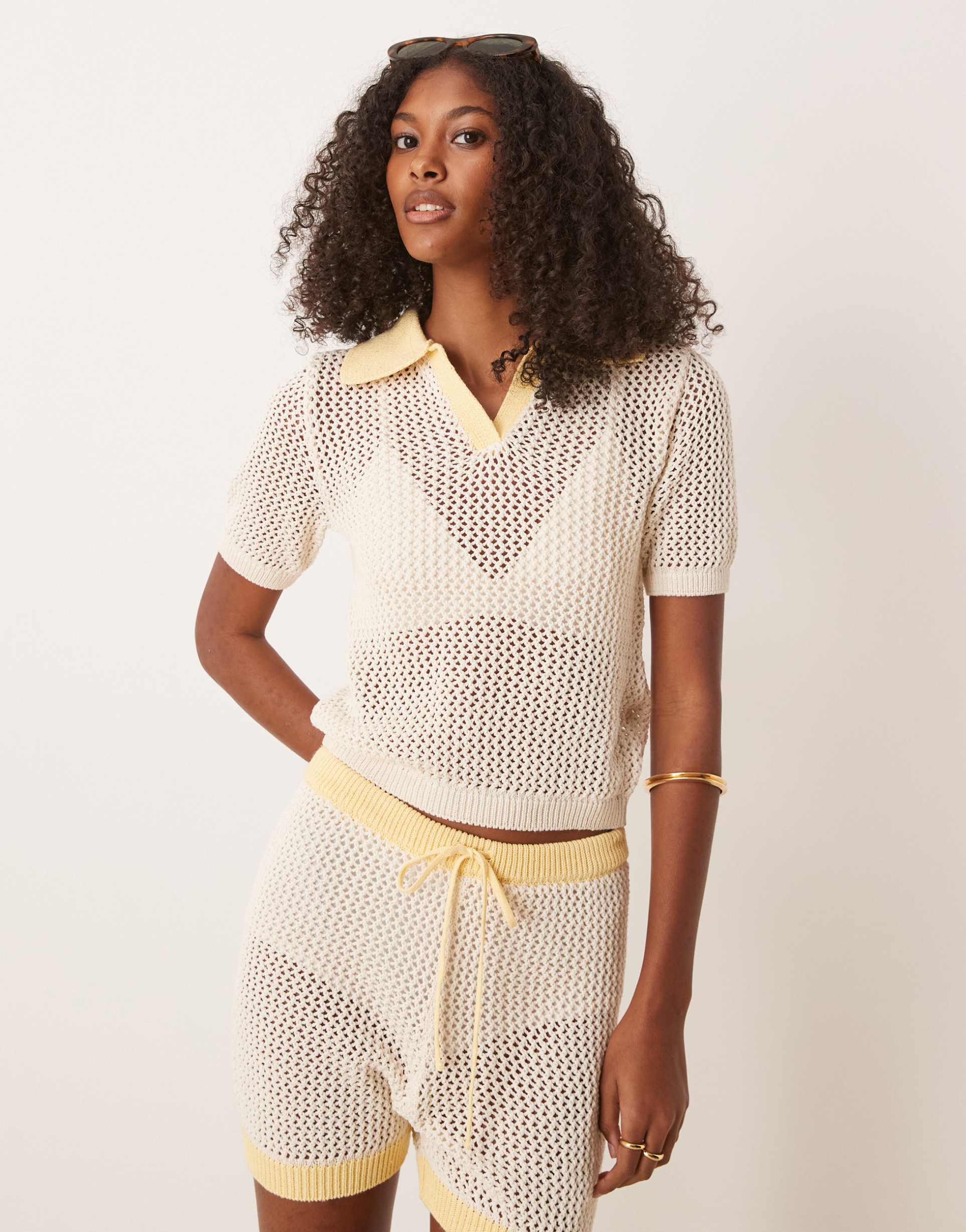 asos design knit open stitch contrast trim polo top in cream and yellow - part of a set