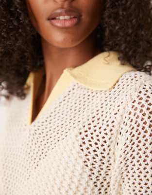 Asos Design Knit Open Stitch Contrast Trim Polo Top In White