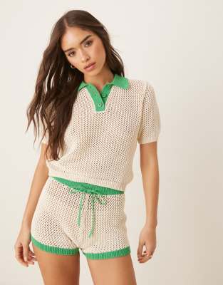 Asos Design Knit Open Stitch Contrast Trim Polo Top In White