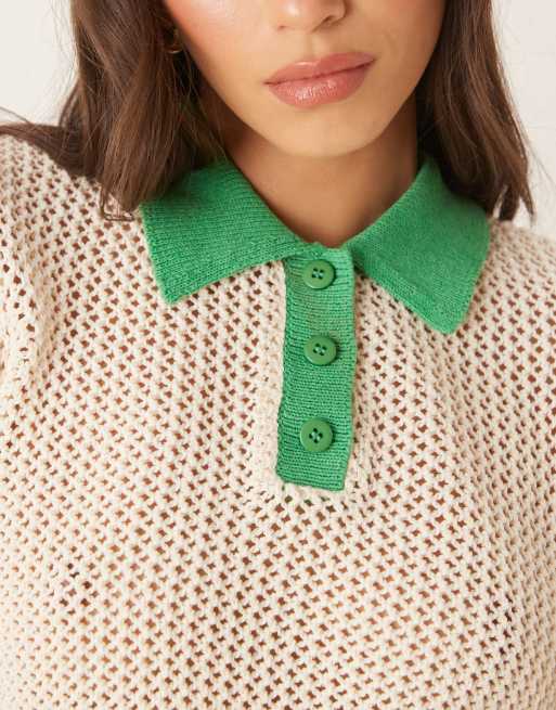 ASOS DESIGN knit open stitch contrast trim polo top in cream 