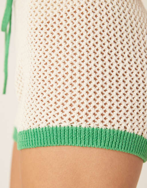 ASOS DESIGN knit open stitch contrast trim shorts in cream, 5 of 5