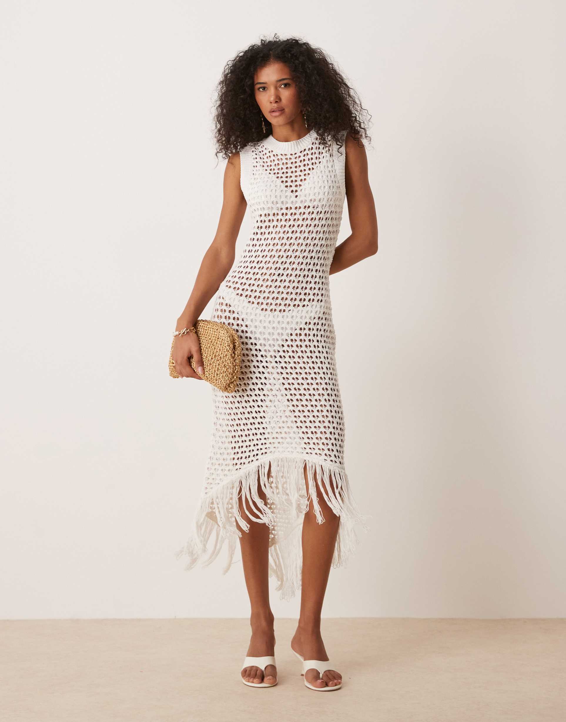 asos design knit open stitch midaxi dress with fringe hem in white