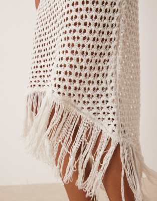 Asos Design Knit Open Stitch Midaxi Dress With Fringe Hem In White