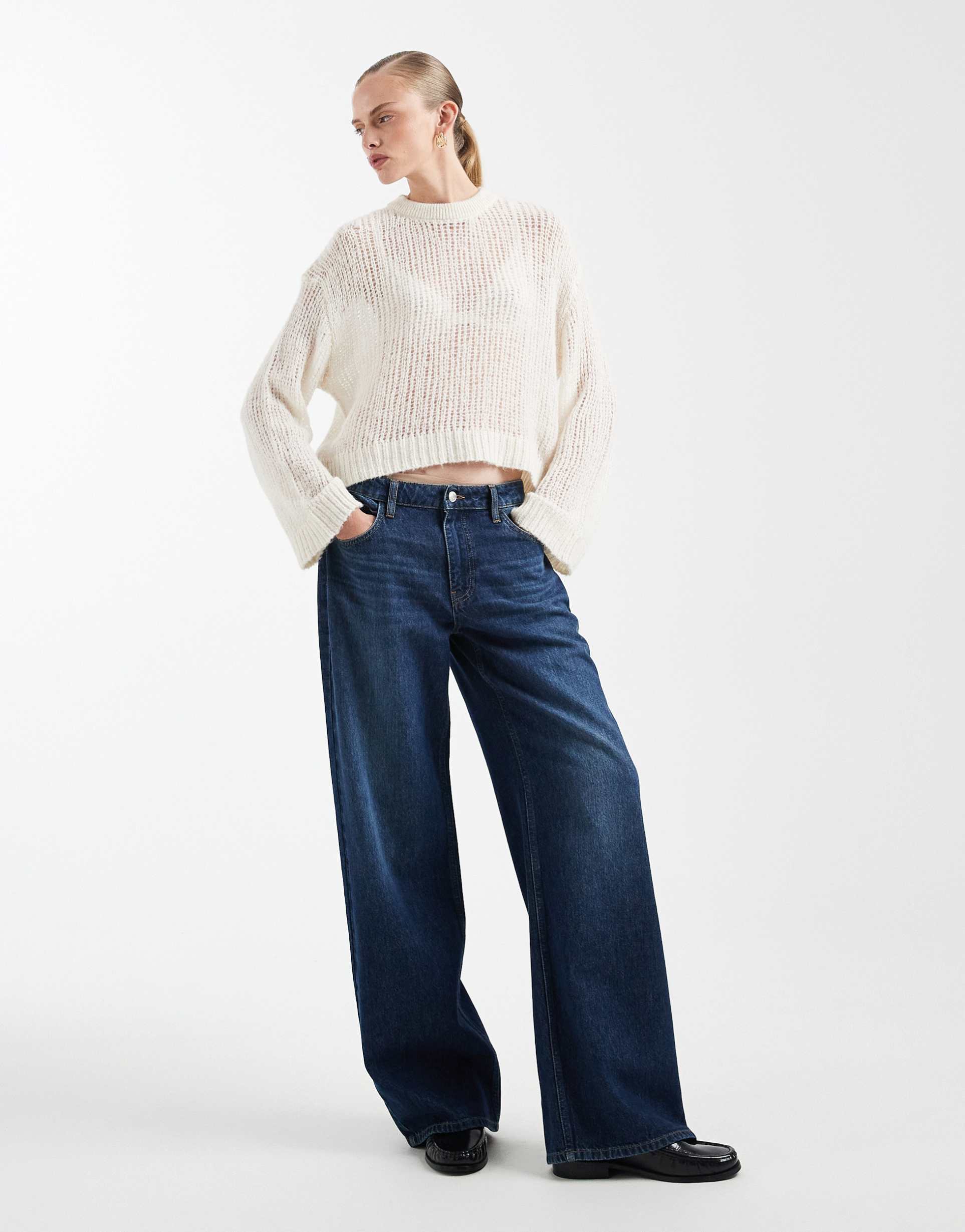 asos design knit open stitch sweater in ecru