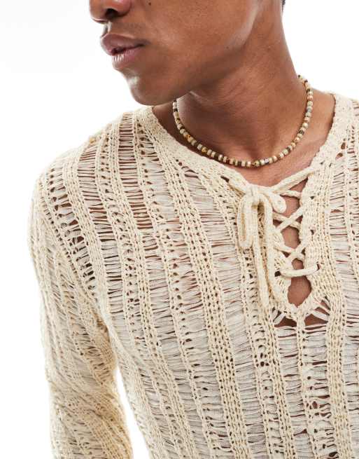 ASOS DESIGN knit open stitch sweater with lace up detail in
