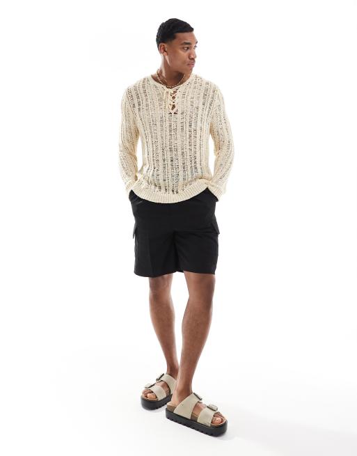 ASOS DESIGN knit open stitch sweater with lace up detail in stone