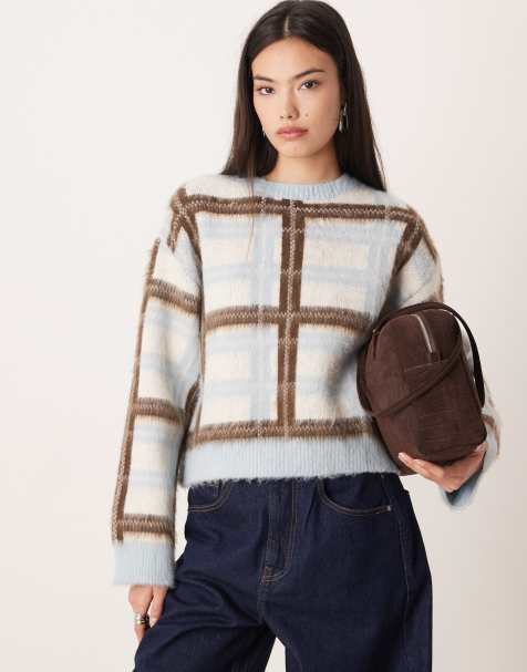 ASOS DESIGN knit oversized brushed plaid sweater in blue - view 1
