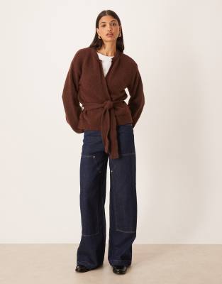 Asos Design Knit Oversized Cardigan With Tie Waist With Wool In Brown