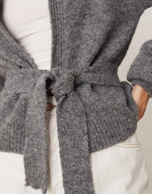 ASOS DESIGN knit oversized cardigan with tie waist with wool in charcoal, 3 of 4