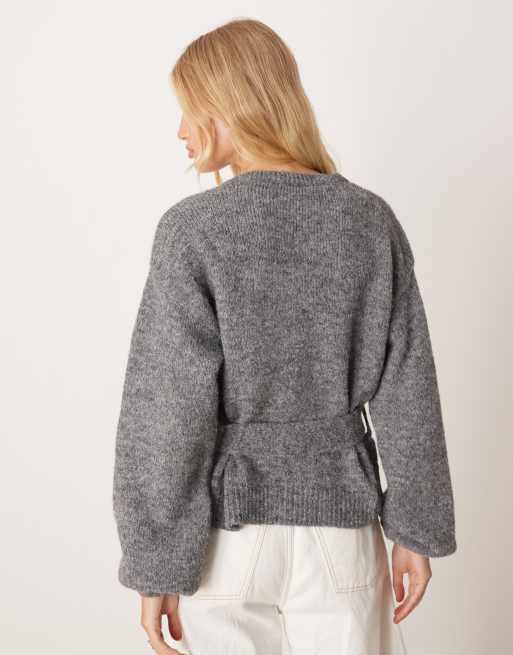 ASOS DESIGN knit oversized cardigan with tie waist with wool in charcoal