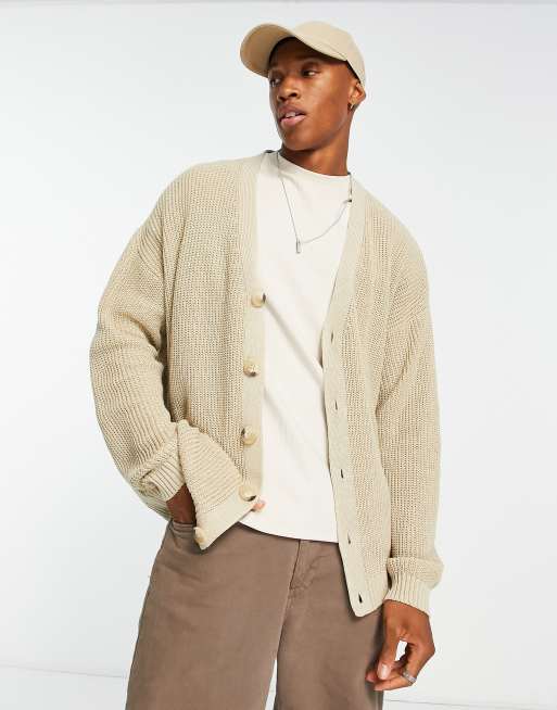 ASOS DESIGN knit oversized fisherman rib cardigan in oatmeal | ASOS